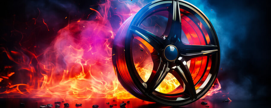 Dynamic car alloy wheel on fire with cool blue and hot red flames engulfing it, concept of speed, power, and automotive passion