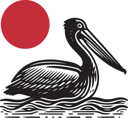 Pelican on the waves of the lake and the sun. Beautiful simple vintage engraving illustration. Red and black