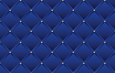 Royal blue background with gold buttons. Vector leather or velvet vintage luxury upholstery with golden buttons seamless pattern background