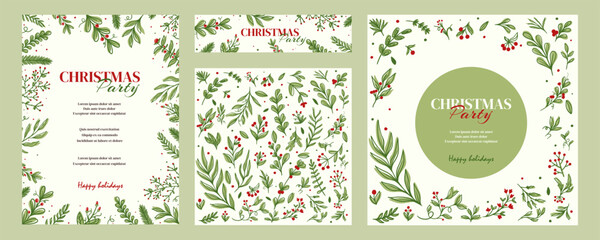 Christmas party invitation poster background in trendy flat style. Merry and Bright Corporate Holiday cards. Universal abstract creative artistic templates