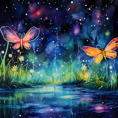 a vivid fantasy world featuring abstract fireflies with watercolor-inspired strokes