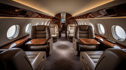 Exclusive Jet Interior Velvet Seating Polished Wood Finishes Panoramic Views