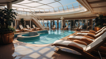 Fototapeta na wymiar Tranquil Cruise Ship Spa Marble Accents Luxurious Loungers Ocean Views