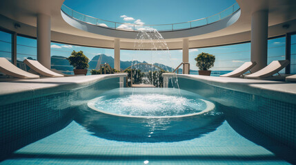 Fototapeta premium Cruise Ship Spa Marble Accents Tranquil Pools Luxurious Loungers Ocean Views