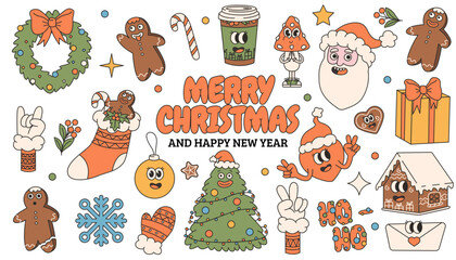 Groovy hippie Christmas stickers. Santa Claus gifts coffee heart gingerbread in trendy groovy retro cartoon style. Cartoon characters and elements.