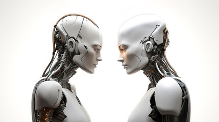two humanoid robots face to face looking at each other, on a white background