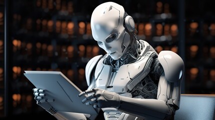 humanoid mechanized robot reading a book