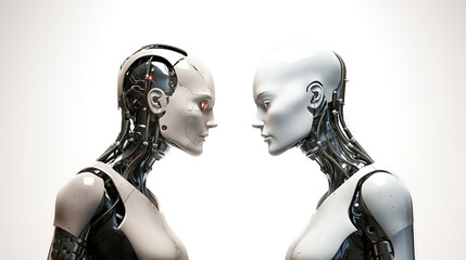 two humanoid robots face to face looking at each other, on a white background