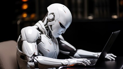humanoid mechanized robot studying and working on a laptop
