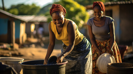 African women washing dishes in plastic buckets - obrazy, fototapety, plakaty
