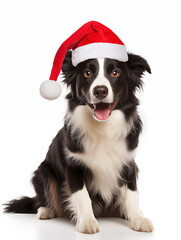 Border Collie in Santa Hat Sitting on White Background
