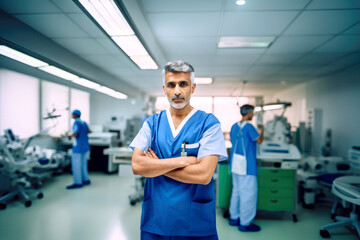 Doctor in crossing arms standing in operation room wearing hospital uniform looking at camera.