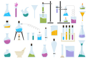 Set of Chemistry lab and diagrammatic icons showing assorted experiments. Discovery and chemistry symbol.