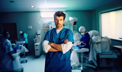 Obraz premium Doctor in crossing arms standing in operation room wearing hospital uniform looking at camera.