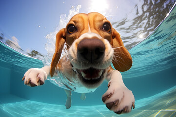 Underwater view of a swimming beagle with a joyful expression - obrazy, fototapety, plakaty