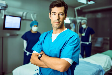 Doctor in crossing arms standing in operation room wearing hospital uniform looking at camera.