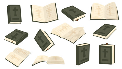 Christian Holy Bible Book. Vector illustrations depict a set of Holy Bible books that open, close, showing cover. Religious Text Containing Stories And Prophecies.