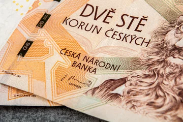Tuinposter Close-up of banknotes of the Czech National Bank. Currency in the Czech Republic. © Radoslaw Maciejewski