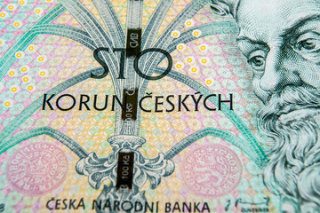 Close-up of banknotes of the Czech National Bank. Currency in the Czech Republic.