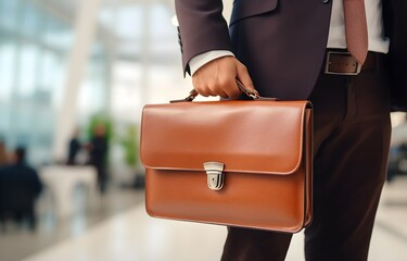 hands of businessman holding a briefcase on blurred office background - obrazy, fototapety, plakaty