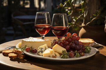 Naklejka premium Realistic_image_of_a_dish_with_several_cheese_two_glasses_of_red_wine_3-4