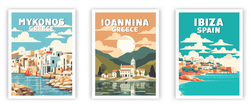 Ibiza, Mykonos, Ioannina Illustration Art. Travel Poster Wall Art. Minimalist Vector art.
