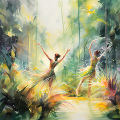 a vivid ballet featuring jungle elements, watercolor-inspired strokes, an oasis setting, and a whirlwind