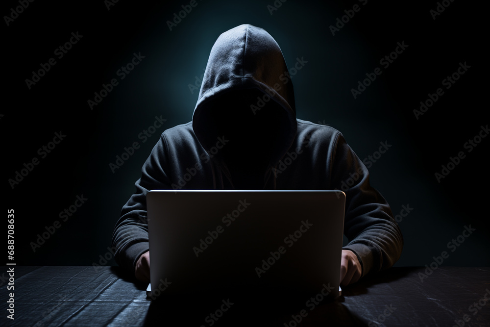Poster A faceless hacker sits at a laptop, hacking into a computer system. Concept of cyber attack on a computer network.