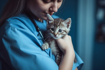 Female veterinarian doctor is holding a cat in her hands