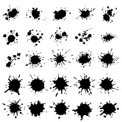 Drops and sprays of ink. Black paint splatters. Blotter spots, liquid paint drip drop splash and ink splatter. Artistic dirty grunge abstract spot vector set.