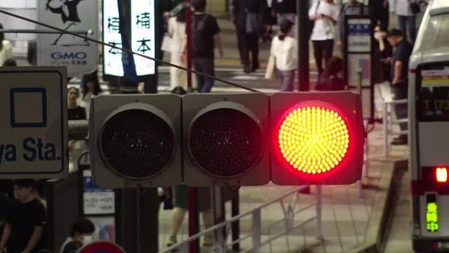 TOKYO, JAPAN - NOV 2023 : Close up shot of led traffic light at the street in night time. Crowd of people walking in background. Japanese traffic and transportation concept video. 4K time lapse shot.