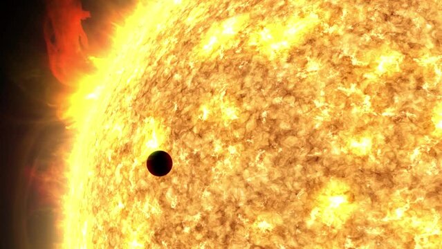 A moon or planet (like Mercury) moving in front of a giant sun, with solar flares and prominences. To learn how you can customize this animation, see my profile. 