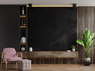 Cabinet TV in modern living room with armchair and plant on dark marble wall background.