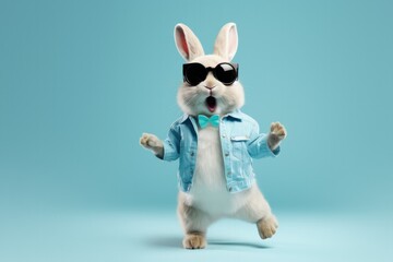Cute Dancing Easter Bunny on a Blue Background with Space for Copy