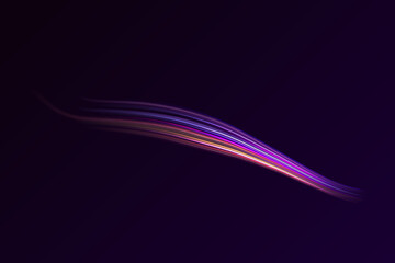 Colorful light trails with motion effect. Abstract neon light rays background. Purple glowing wave swirl, impulse cable lines.
