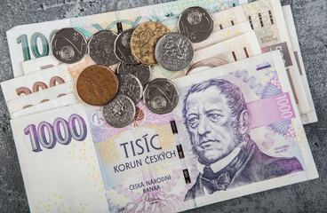 Close-up of banknotes of the Czech National Bank. Currency in the Czech Republic.