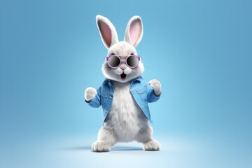 Cute Dancing Easter Bunny on a Blue Background with Space for Copy