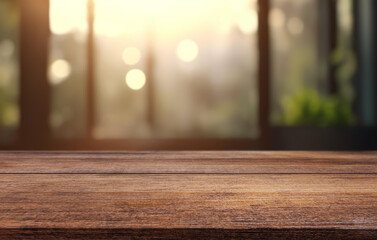 Wooden table or surface with blurred interior background