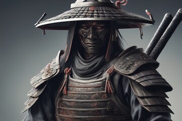 Ghost Samurai, samurai warrior bound by a ghostly curse, wearing shabby samurai armor	 - obrazy, fototapety, plakaty