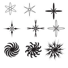 A set of abstract geometric decorative elements in Y2K style. Trendy minimalistic retro shapes, stars, bling, glitter, silhouettes, brutalism forms, waves. Modern graphic design elements. Vector
