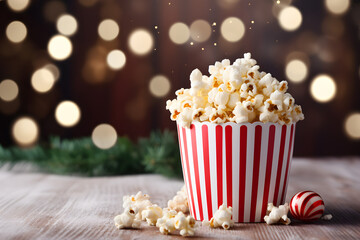 Popcorn in striped box with Christmas decoration