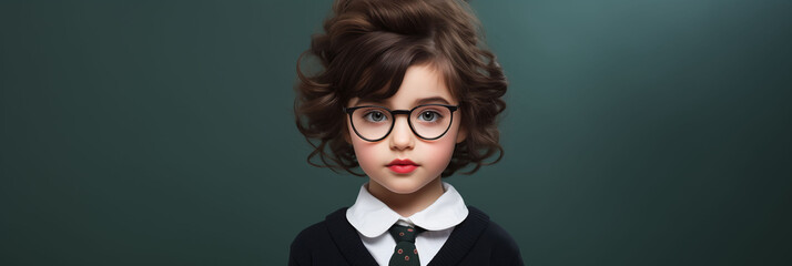 Portrait of beautiful girl like doll, wearing glasses on plain studio background. Health eyesight concept, school concept
