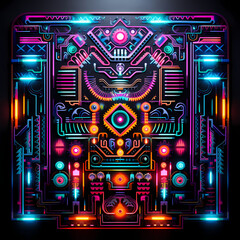 a symphony featuring the vivid glow of neon lights, tribal motifs, and cosmic influences