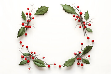 Holly leaves and berries arranged in a circular frame on white