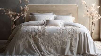 captivating image of a bedcover with delicate embroidery, focusing on its fine details - obrazy, fototapety, plakaty