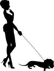 A slender girl leads a dachshund on a leash. Black silhouette on a transparent background. Vector.