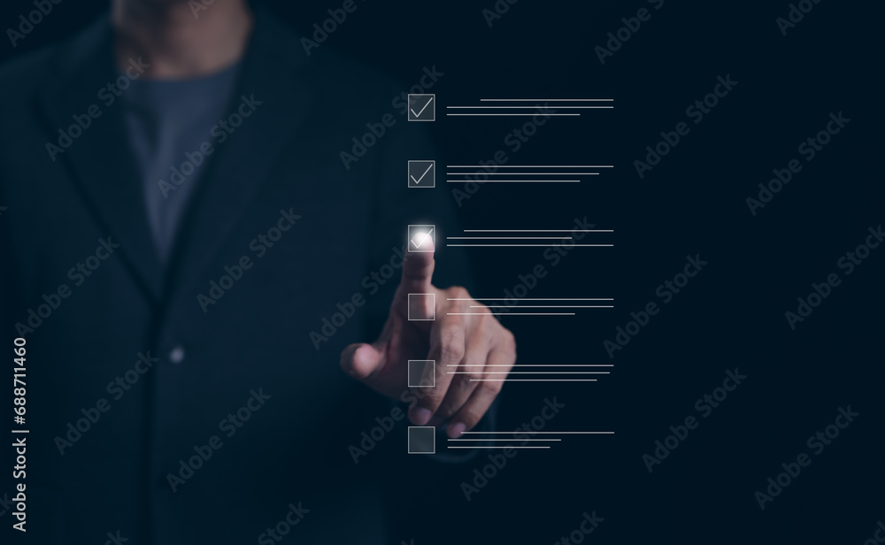 Poster checklist concept. businessman using checking marks on online checklist survey. filling out digital 