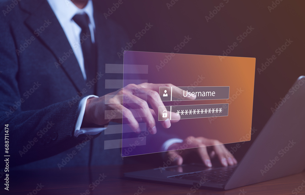 Poster cyber security concept. businessman entering username and password for personal information access. 