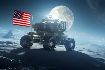 A lunar rover with a US flag moves on the surface of the Moon.