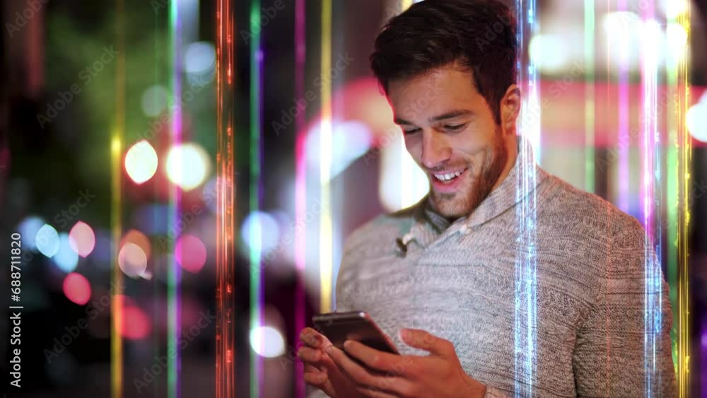 Wall mural handsome latin american man using smartphone with wireless communication internet network. futuristi